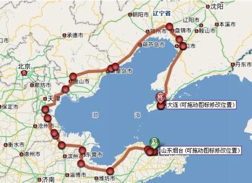 煙臺(tái)-大連陸路示意圖。